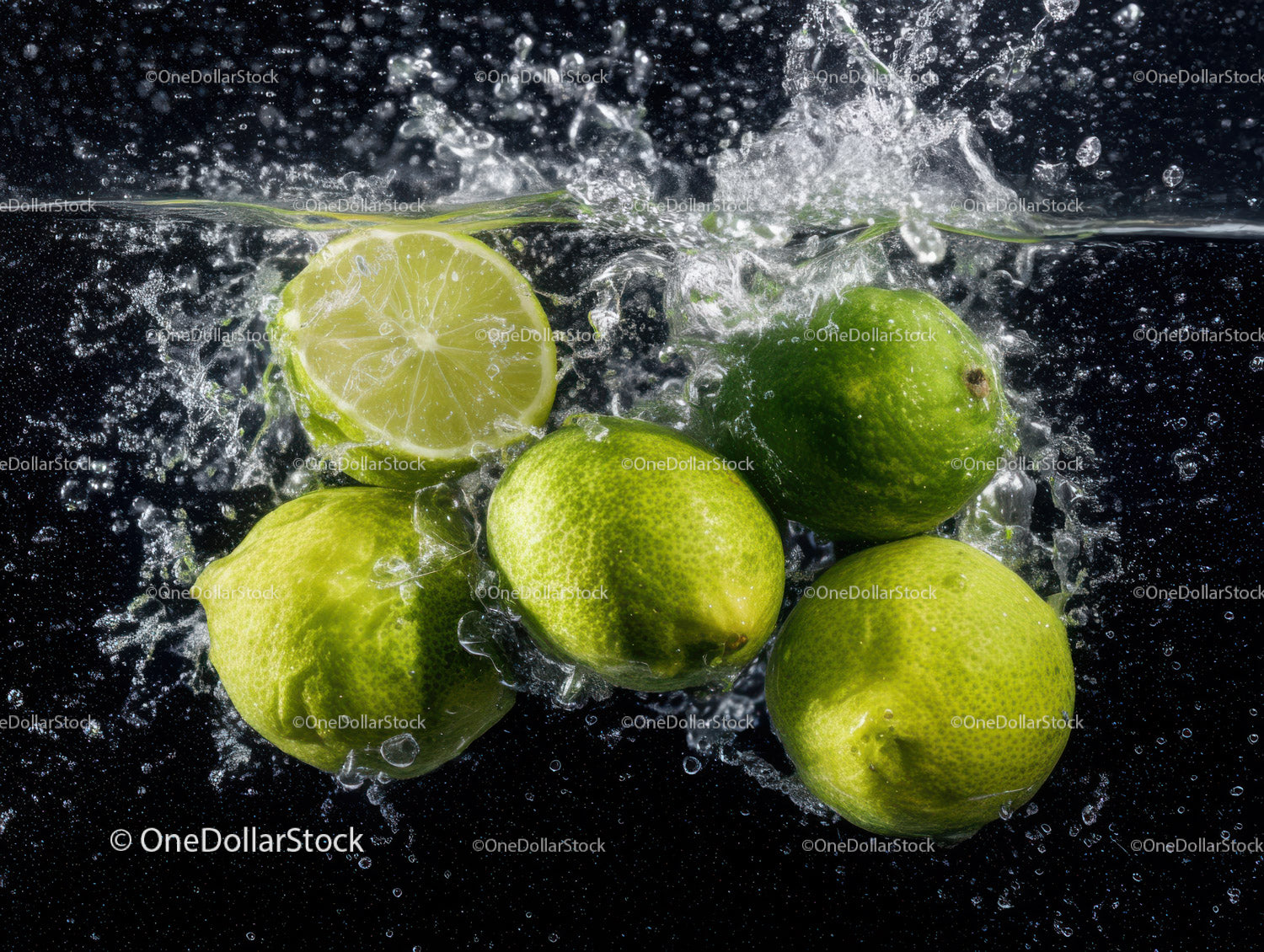 Vibrant Fresh Lime Sliced Splashing into Water with Droplets