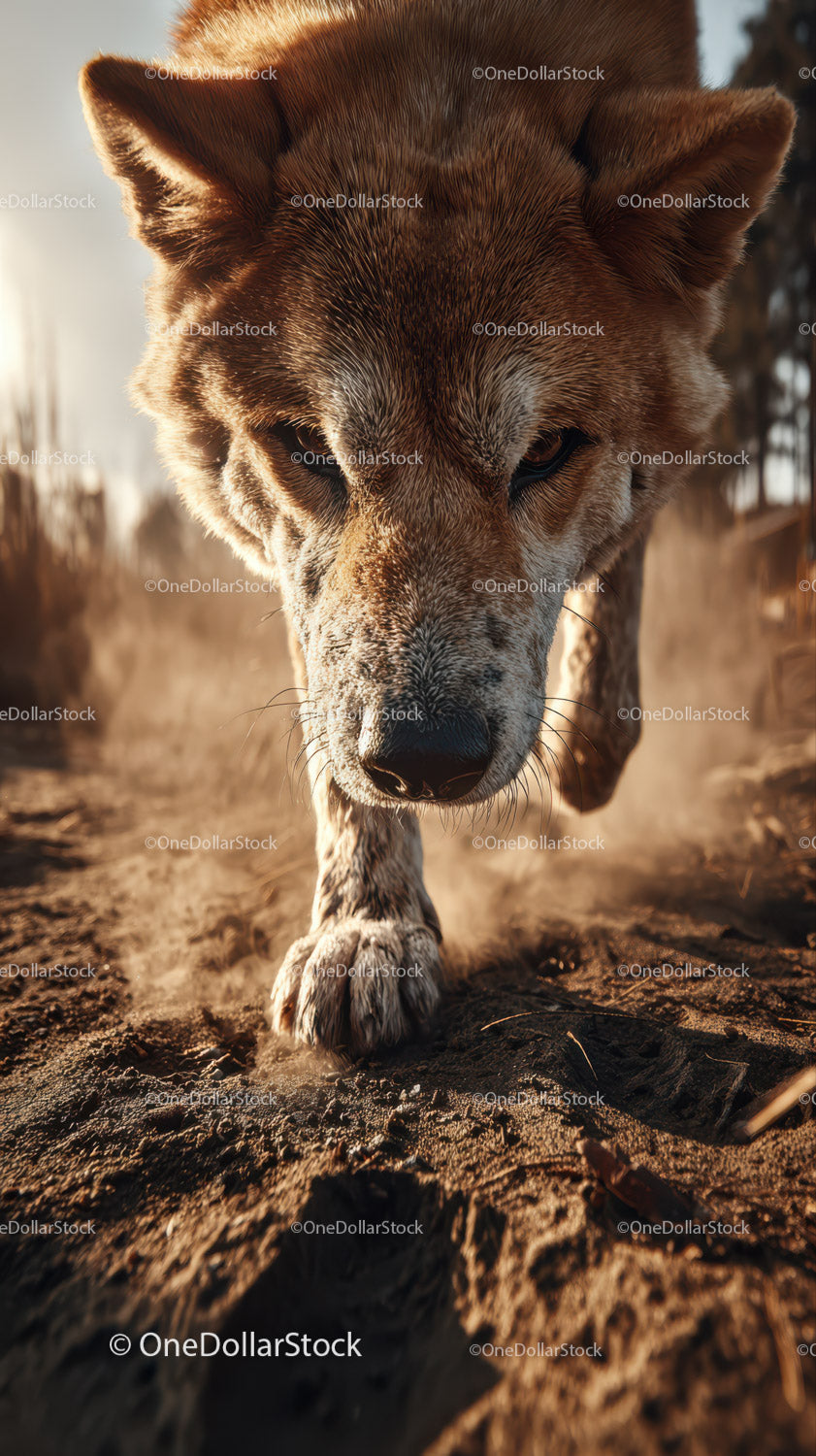 Close-Up of a Curious Brown Dog Walking on Dirt Trail