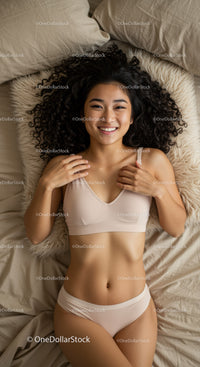 Smiling young woman relaxing in beige lingerie on bed