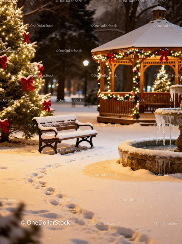 Snow-covered bench near decorated gazebo in winter park