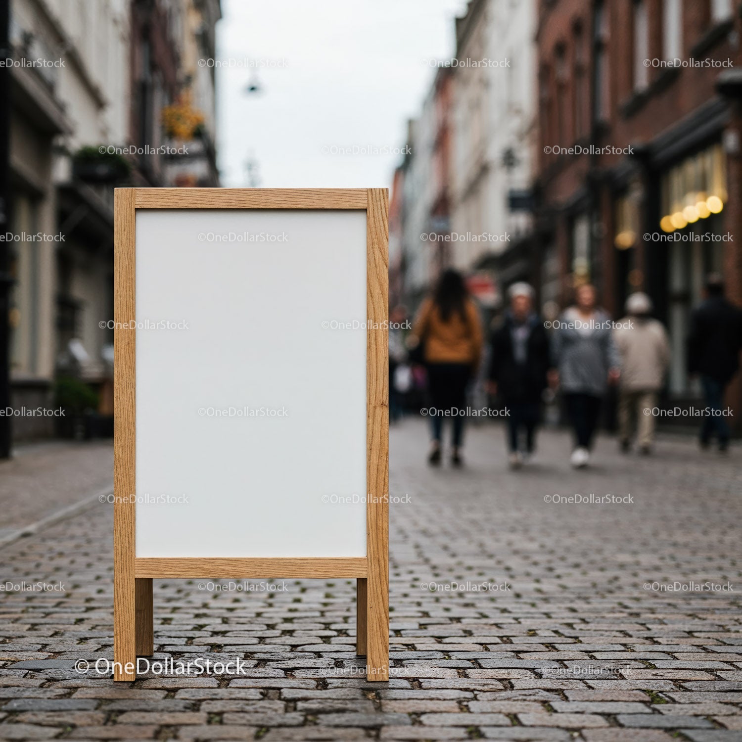 Wooden Frame Blank Signboard on Urban Cobblestone Street