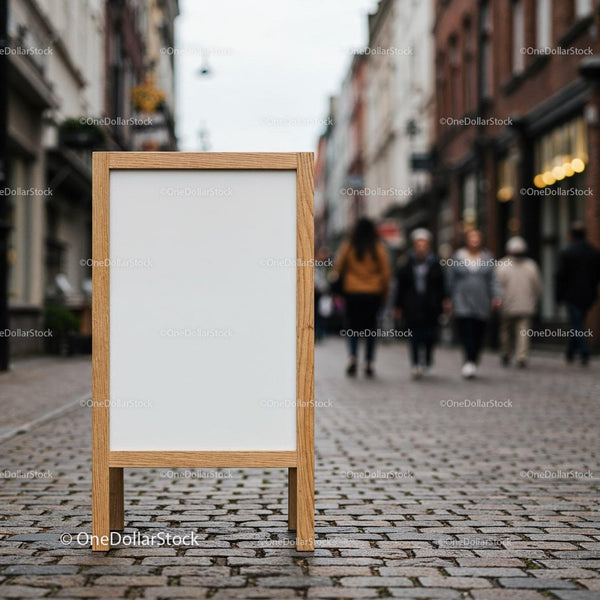 Wooden Frame Blank Signboard on Urban Cobblestone Street JPG Mockup Image