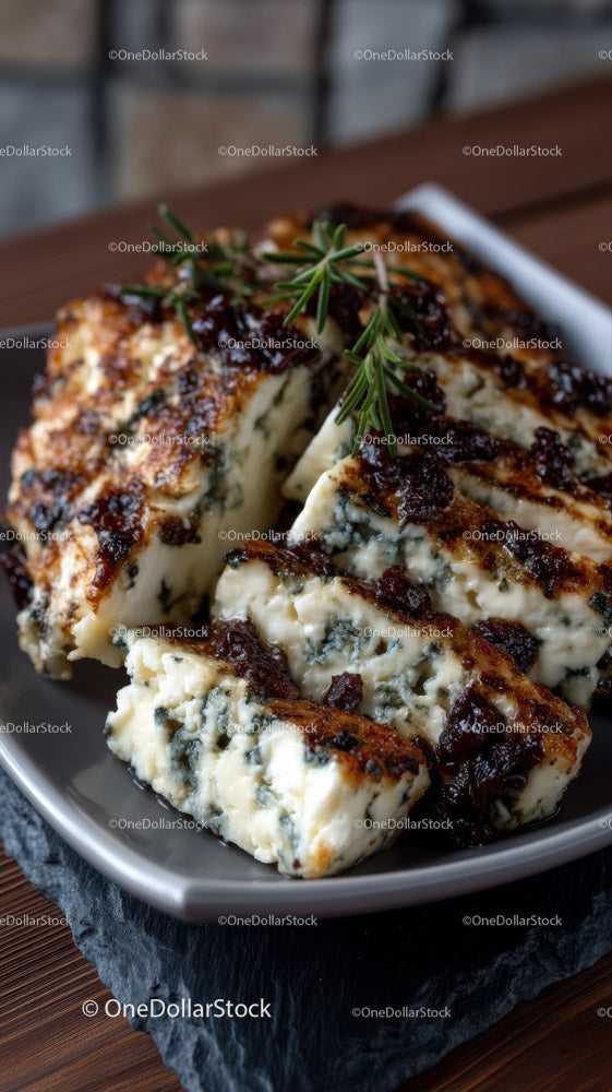 Artisan Blue Cheese Wheel on Dark Rustic Surface in Gourmet Food Setting