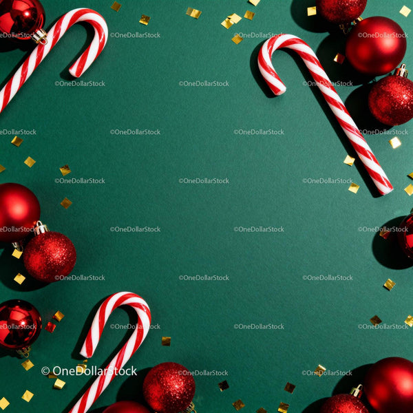 Festive Red Ornaments and Candy Canes on Green Background