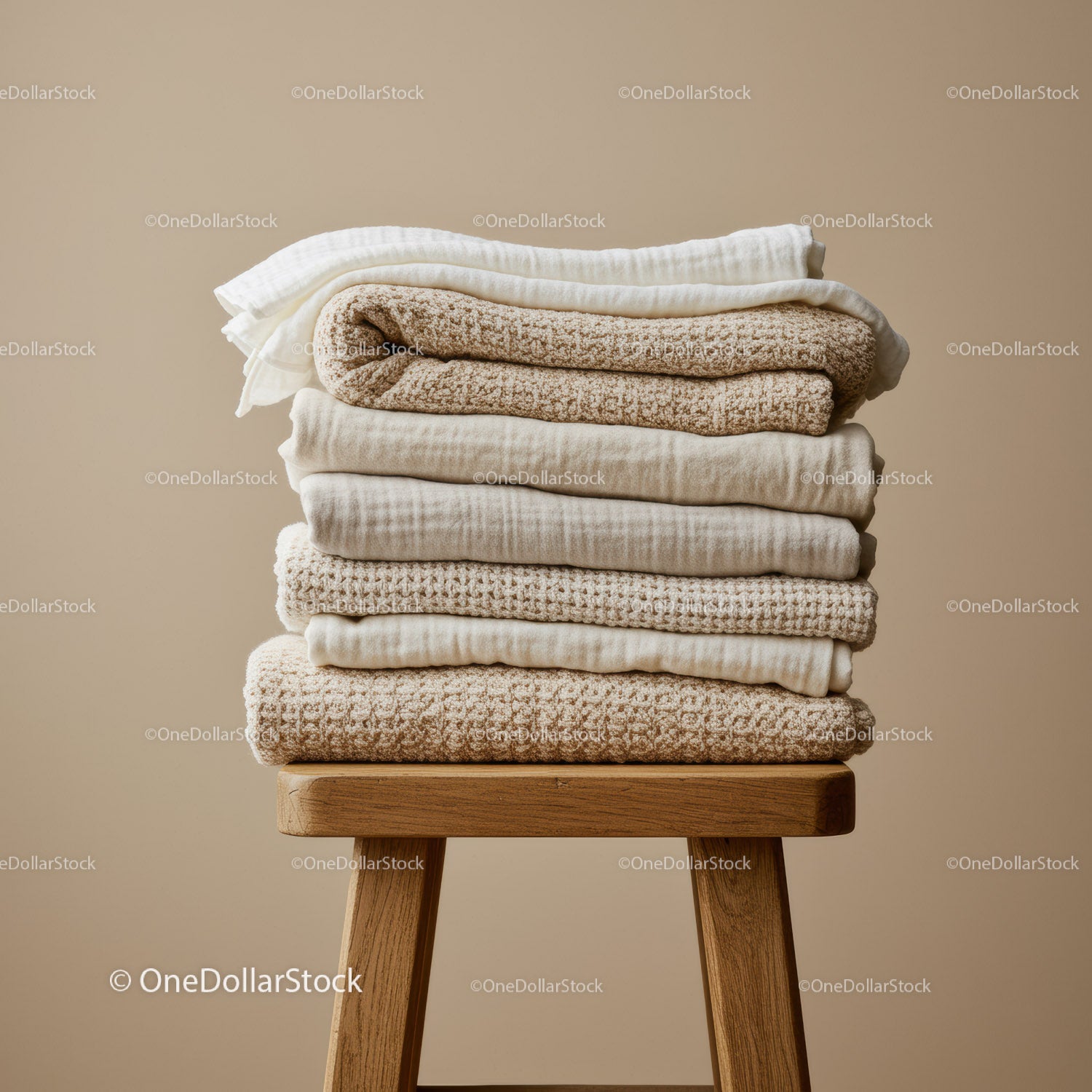 Stack of Soft Neutral Towels on Wooden Stool