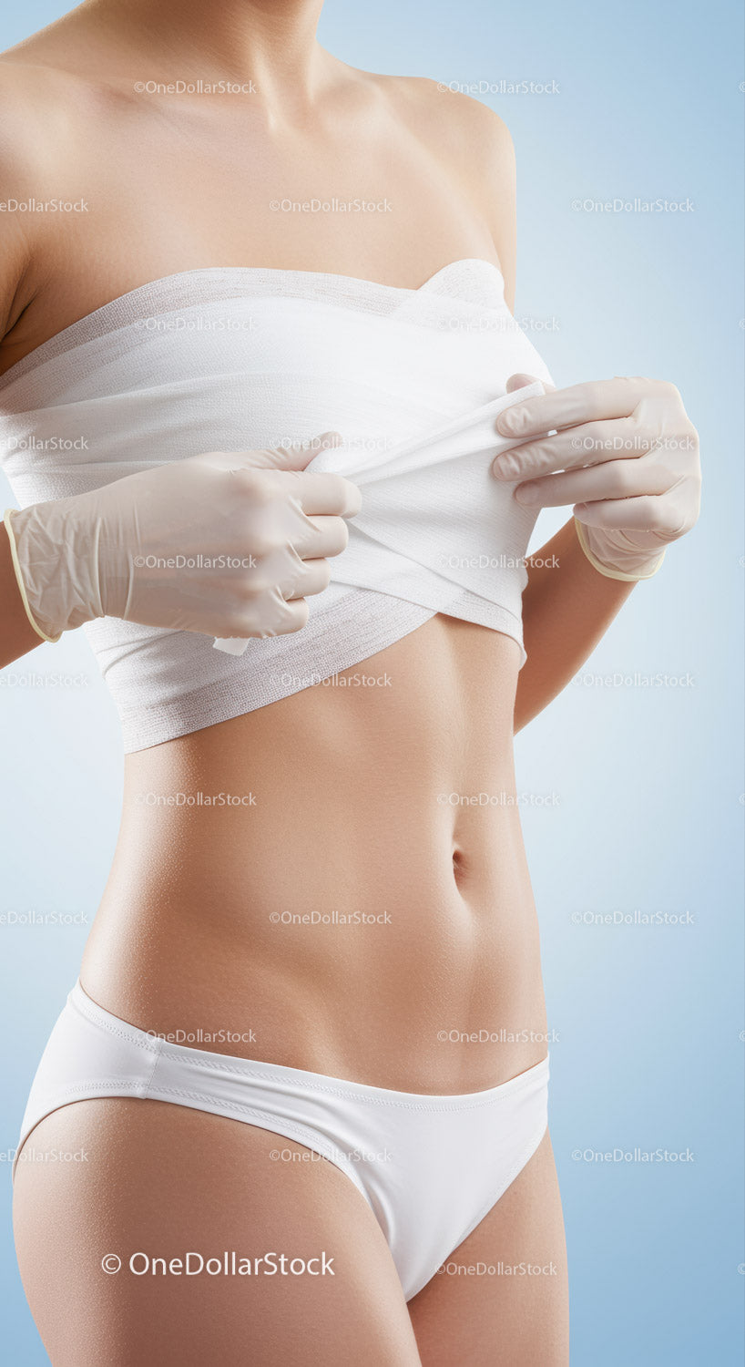 Woman Removing Bandage from Abdomen for Medical Care