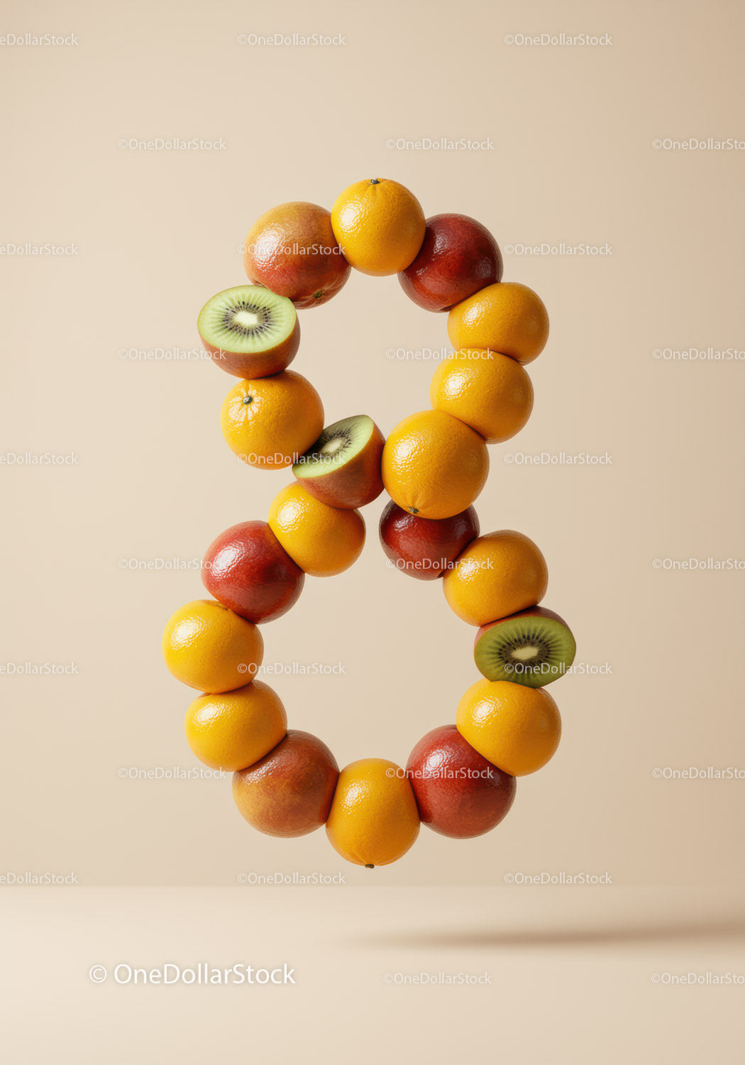 Number 8 formed from colorful fresh fruits floating