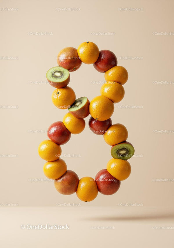 Number 8 formed from colorful fresh fruits floating