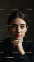 Pensive young woman in dark cozy sweater looking ahead