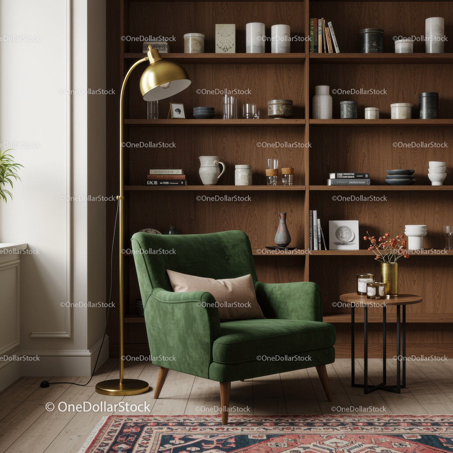 Cozy green armchair with gold lamp in modern living room