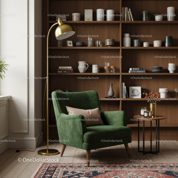 Cozy green armchair with gold lamp in modern living room