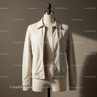 Beige casual jacket displayed on mannequin torso
