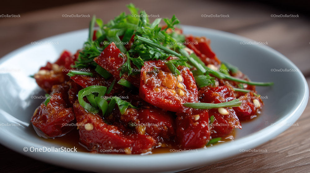 Spicy Chili Tomato Dish with Green Onions in White Bowl