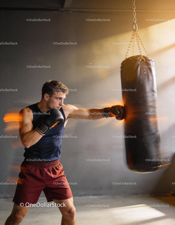 Focused boxer training with punching bag indoors