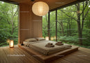 Minimalist bedroom with forest view and natural lighting