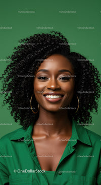 Vibrant Portrait of a Smiling Woman with Curly Hair Against Green Background