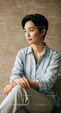 Contemporary Asian Woman in Casual Attire with Confident Expression