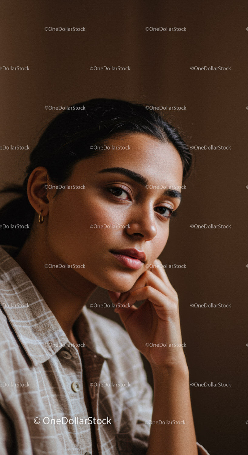 Elegancki portret młodej kobiety z pewnym siebie wyrazem twarzy w swobodnym stylu