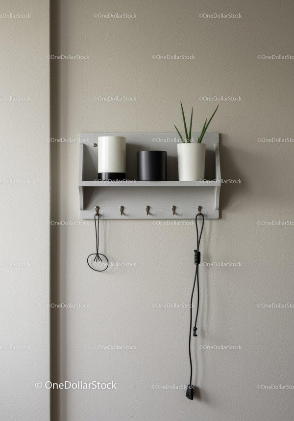 Minimalist Wall Shelf with White and Black Vases and Green Plant