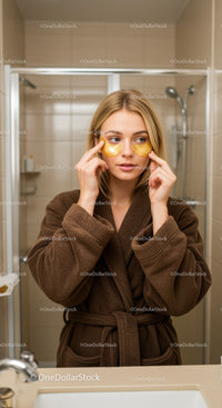 Young Woman Applying Eye Patches for Skincare in Bathroom