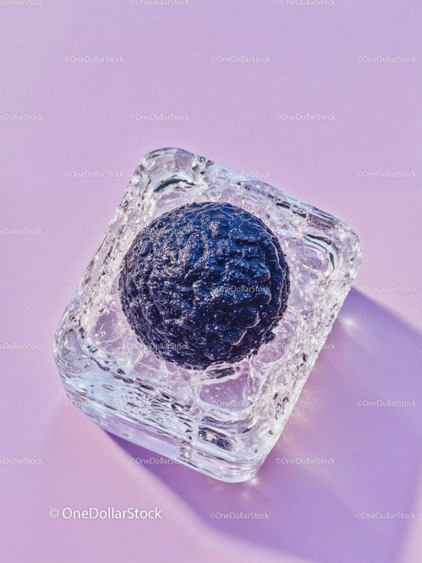 Fresh blackberry encased in a clear ice cube