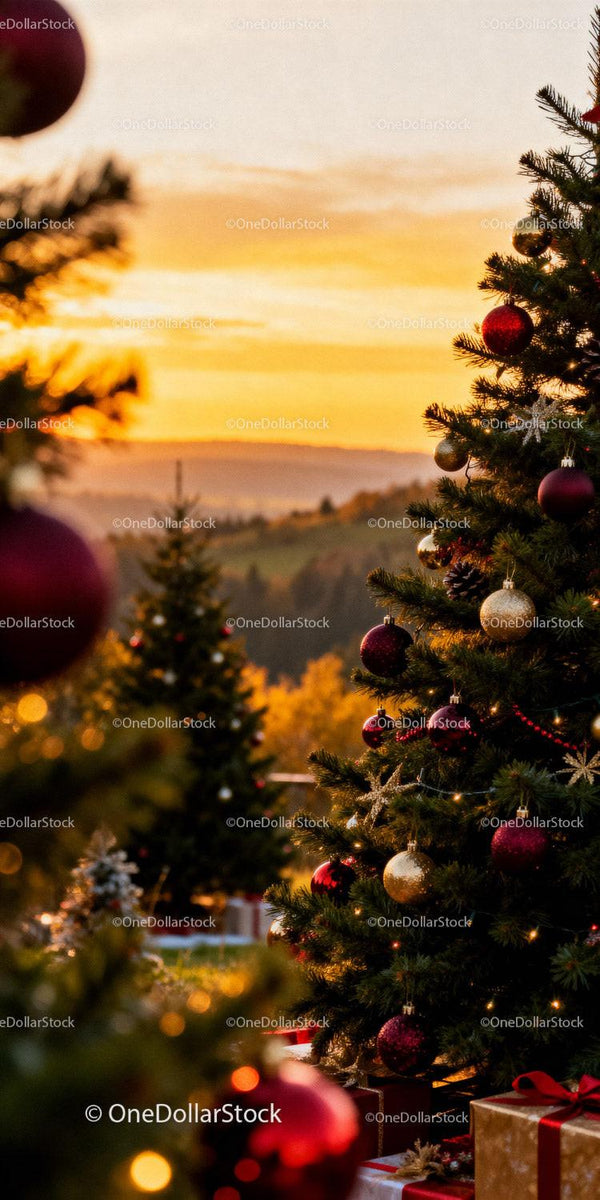 Christmas Trees Decorated at Serene Sunset in Countryside
