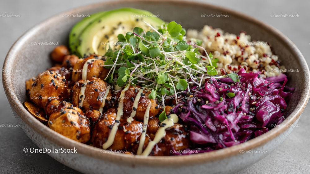 Colorful Sushi Bowl with Teriyaki Chicken Avocado and Vegetables