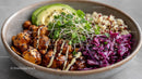 Colorful Sushi Bowl with Teriyaki Chicken Avocado and Vegetables
