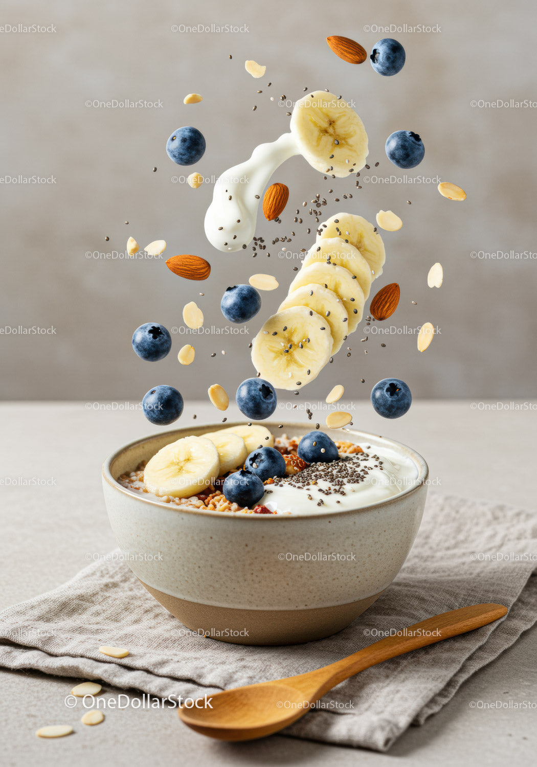 Healthy breakfast bowl with banana and blueberries