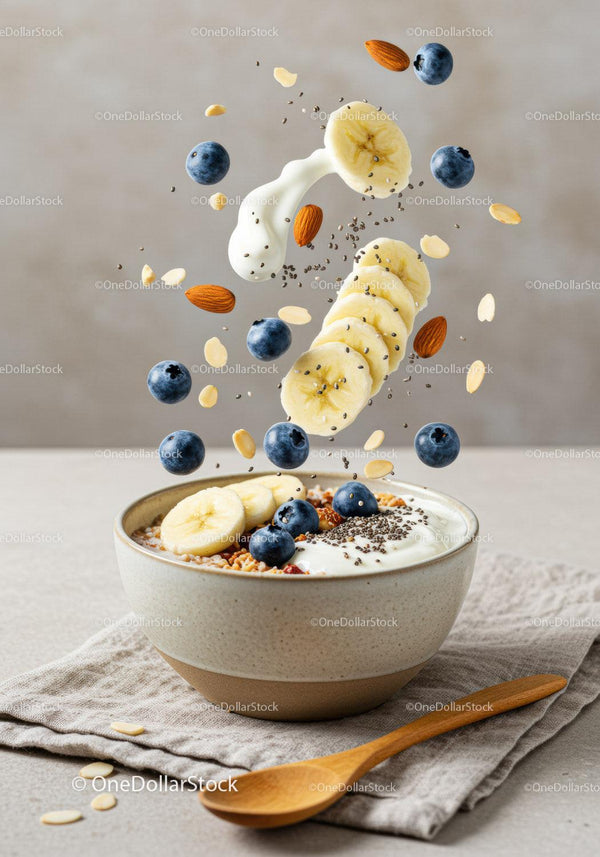 Healthy breakfast bowl with banana and blueberries
