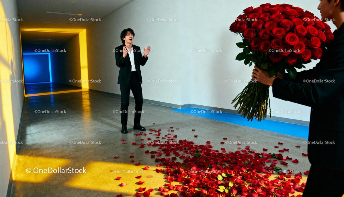 Surprised man receiving large bouquet of red roses