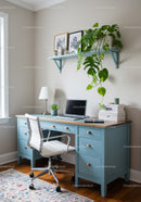 Modern Home Office with Blue Desk and Green Foliage