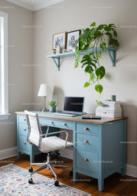 Modern Home Office with Blue Desk and Green Foliage
