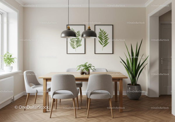 Minimalist Dining Room with Green Houseplants and Modern Decor
