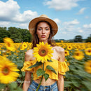Cheerful Woman with Sunflowers in a Vibrant Summer Field