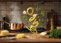 Fresh pasta ingredients floating in kitchen air