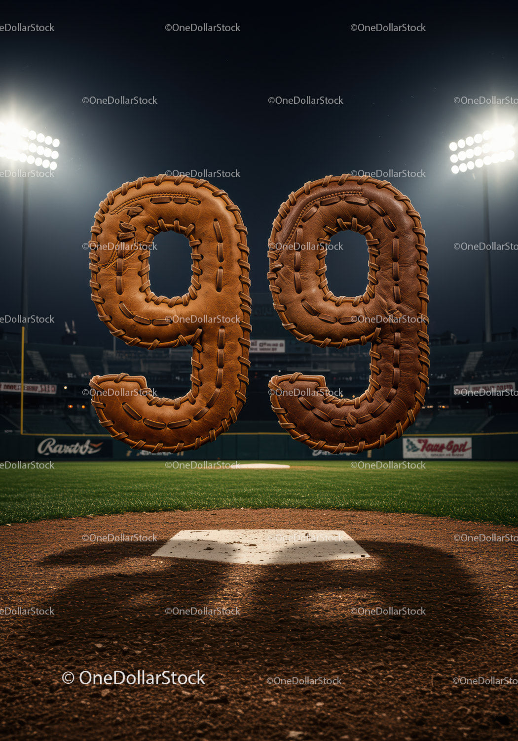 Baseball themed number ninety nine made of leather gloves
