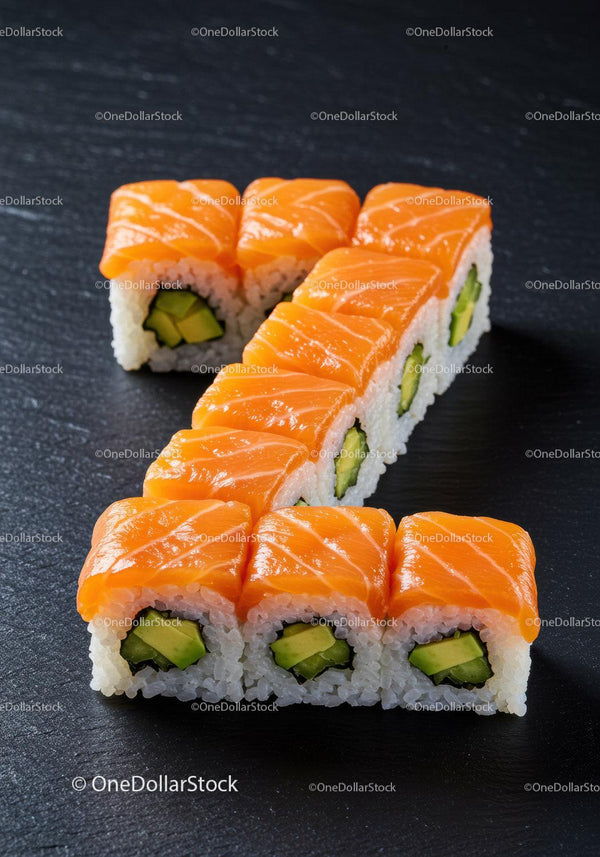 Fresh salmon sushi rolls with avocado on black slate