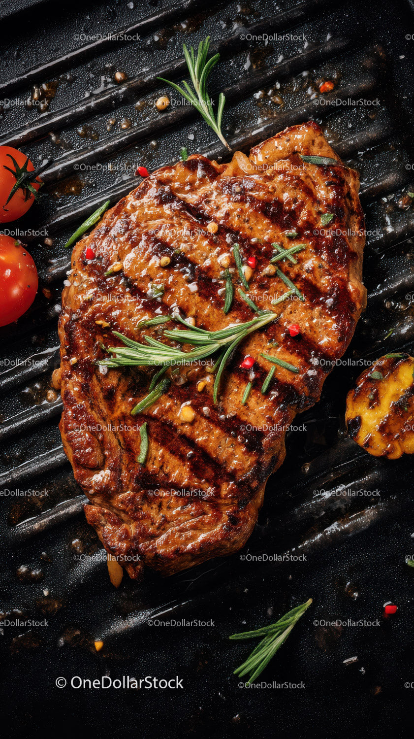 Juicy Grilled Steak with Herbs and Cherry Tomatoes on Black Grill