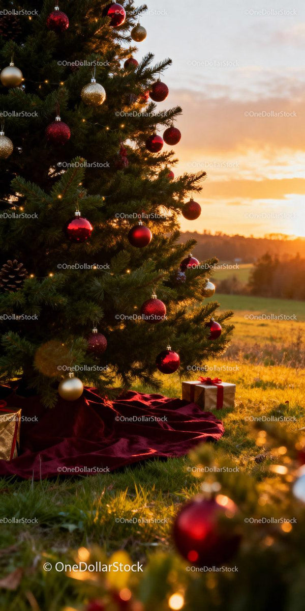 Christmas tree with red and gold ornaments at sunset