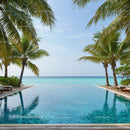 Tropical Pool with Palm Trees Overlooking Clear Ocean and Blue Sky