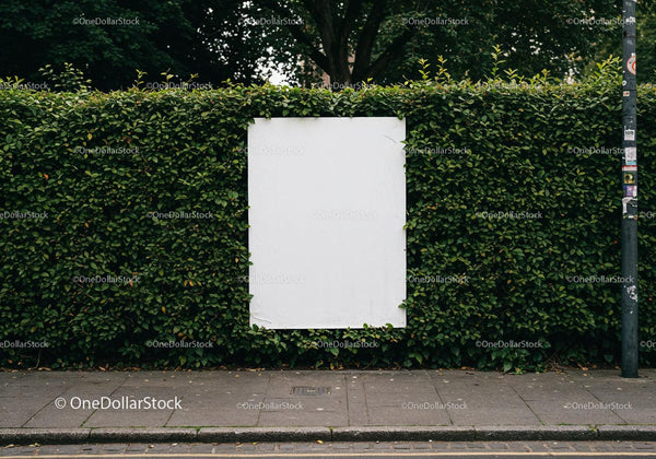 Blank white poster on lush green hedgerow by street JPG Mockup Image
