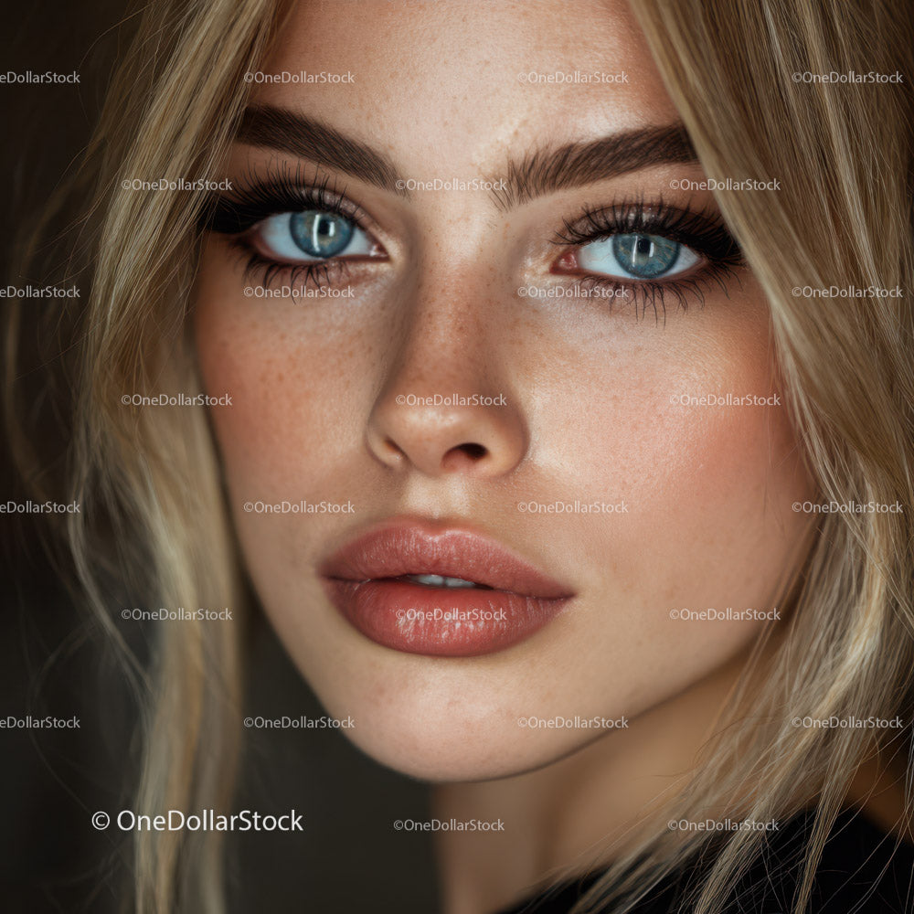 Portret pięknej blondynki o niebieskich oczach