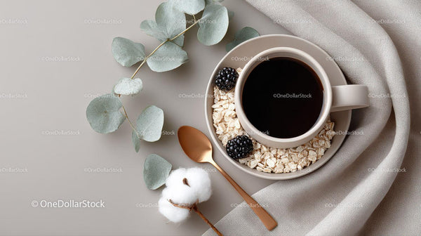 Elegant Coffee Scene with Oatmeal Cookies and Fresh Blackberries