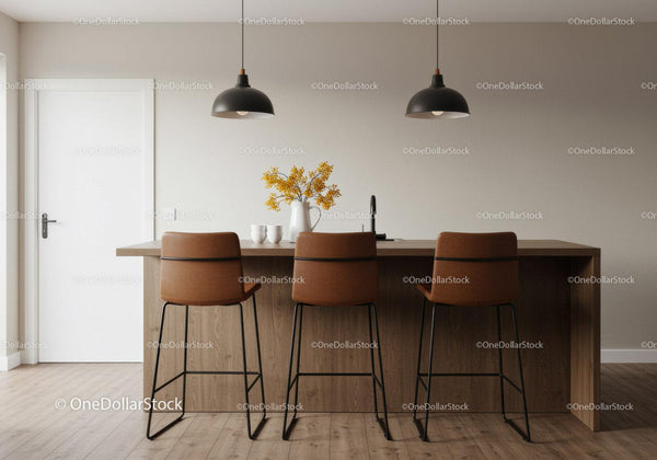 Modern Minimalist Kitchen with Wooden Breakfast Bar and Stylish Lighting