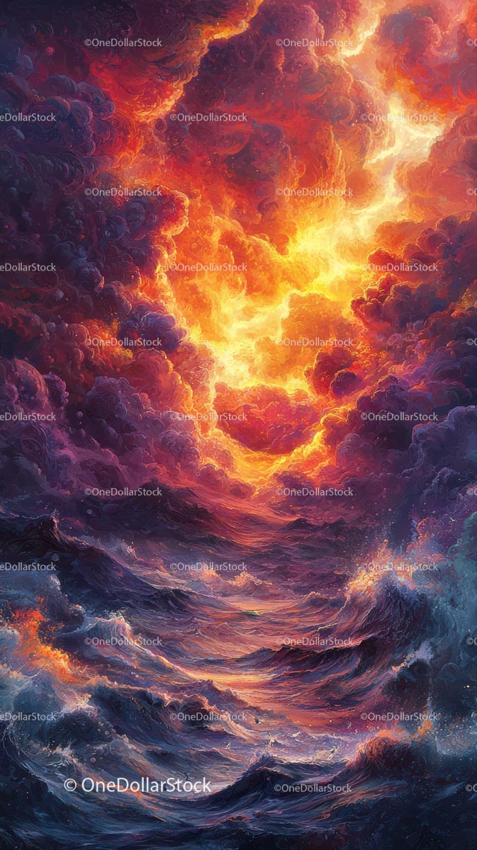 Żywe, ogniste niebo z fioletowymi chmurami nad surrealistyczną sceną oceanu