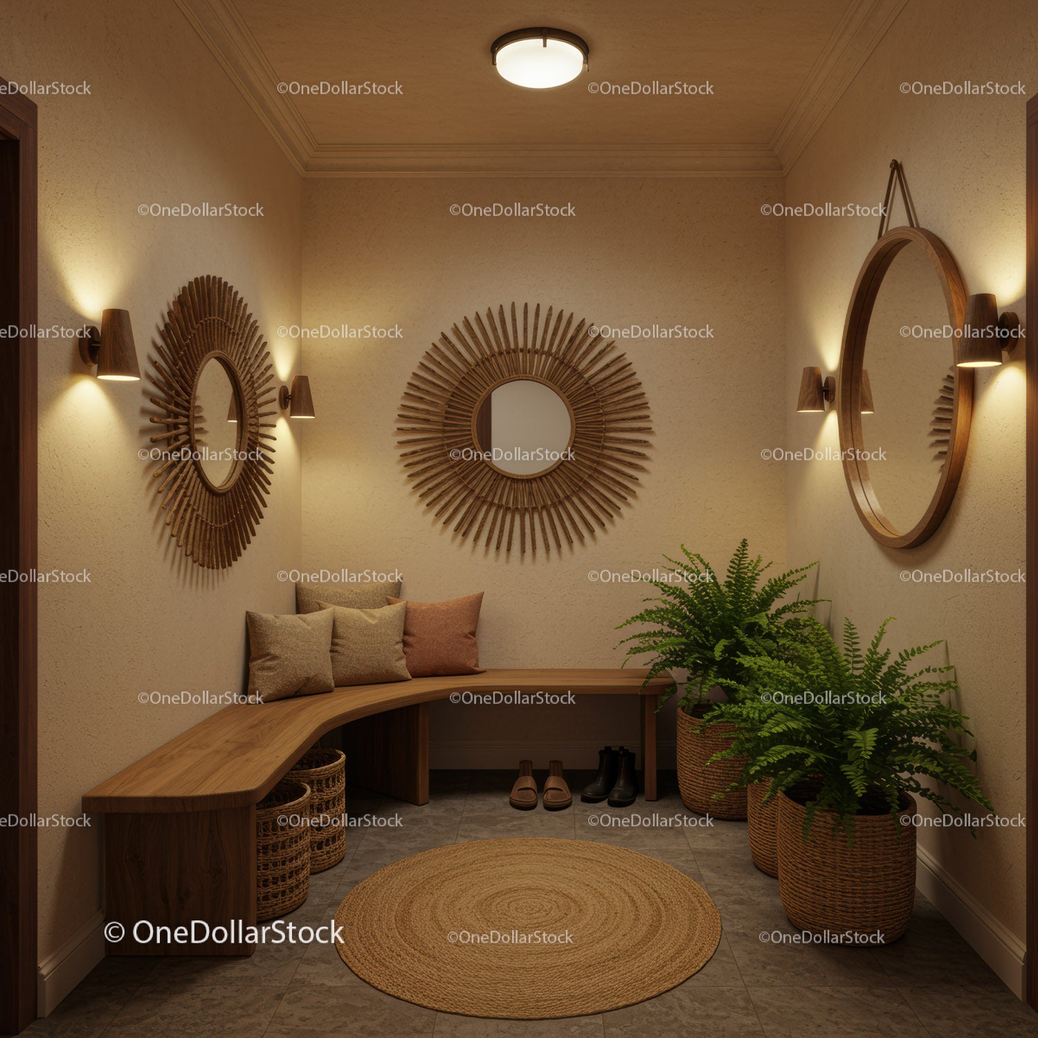 Cozy entrance with natural decor and warm lighting