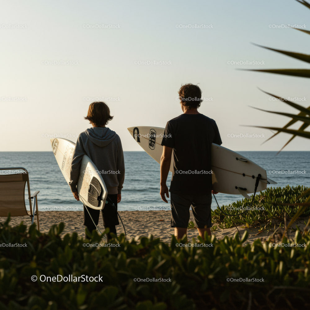 Two Surfers with Surfboards at Beach Ready for Waves