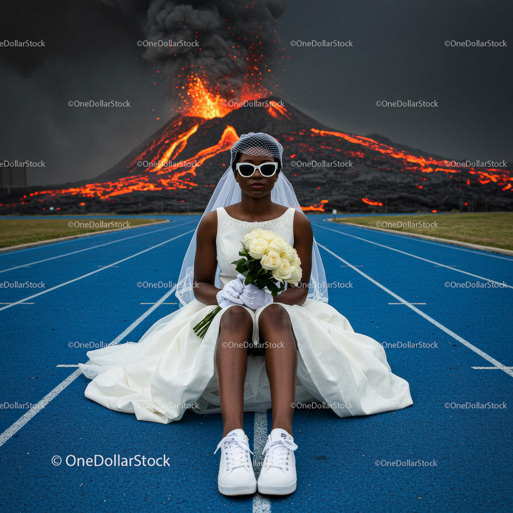 Bride in Wedding Dress Amidst Erupting Volcano