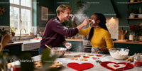 Couple Playfully Baking Heart Cookies in Cozy Kitchen